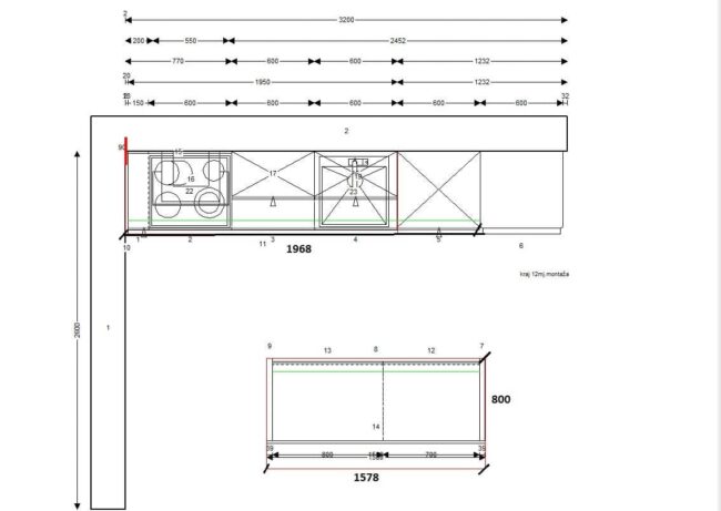 završeni projekt 9647200000, kuhinja po mjeri, model Living TLOCRT