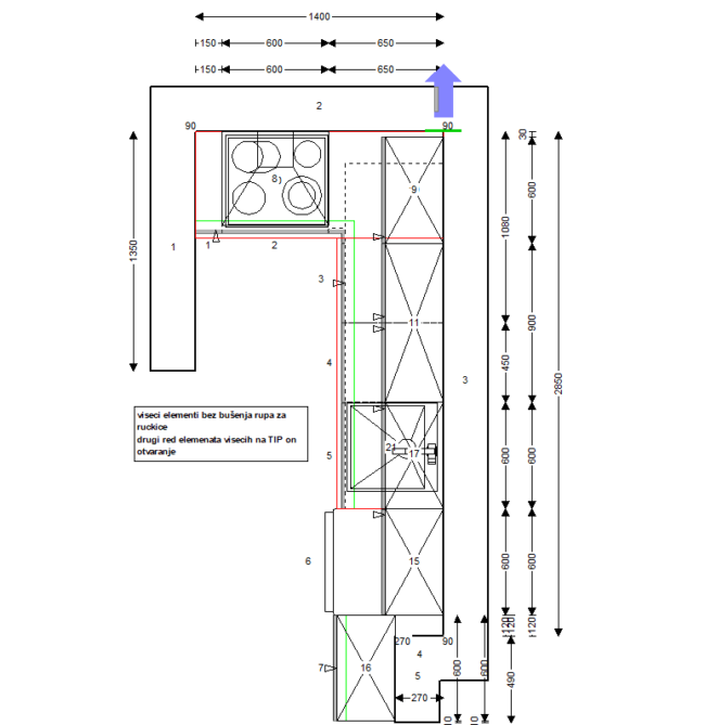 završeni projekt 8645274000, kuhinja po mjeri, model Living TLOCRT