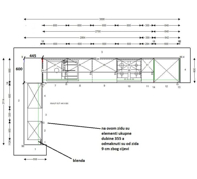 završeni projekt 9652947000, kuhinja po mjeri, model Granada TLOCRT